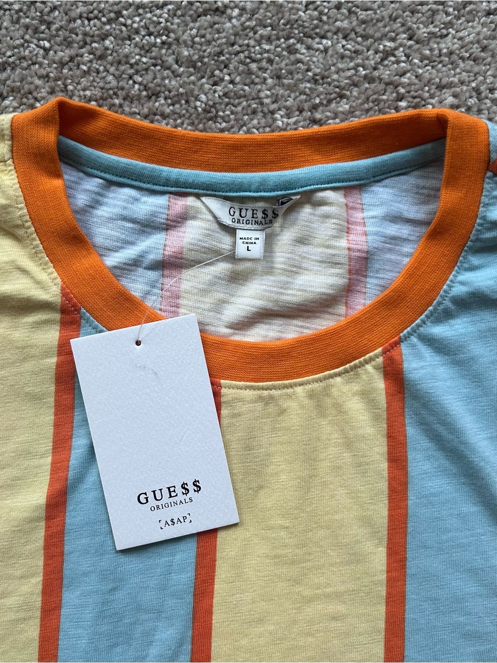 NWT GUESS Originals x A$AP Rocky Vertical Striped T-Shirt Men's L Orange Blue - Picture 6 of 11